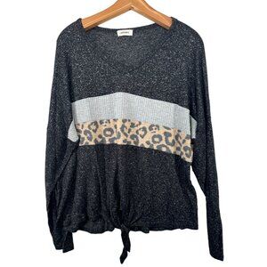 Adora Womens Top Sz 1X Plus Mixed Media Colorblocked Knit Tie Waist Tunic Boho